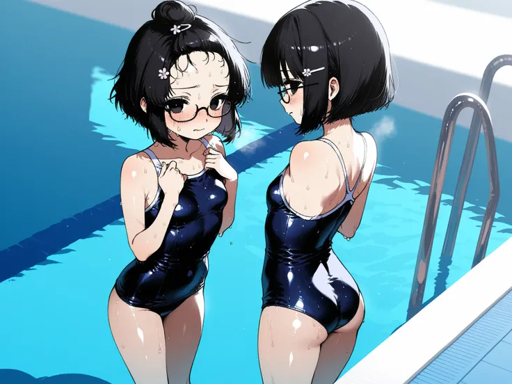 score_9 , score_8_up , score_7_up , score_6_up , score_5_up , score_4_up、girl、、black hair、 best quality、sweaty body、Small breasts、( show me my forehead )、hairpin、black hair、has small breasts、pretty embarrassed face、Viewers' Perspective、Poolside、School Swim...