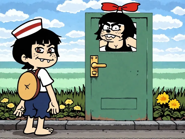 masterpiece, newest,absurdres, incredibly absurdres, (surreal:1.5), 1girl (freckles), ((natural Fluorescent unibrow, unibrow)), huge two gaped-bucktooth face), outdoors, solo, hat, sailor girl, white dress, black hair, scenery, short hair, flower, sky, day...