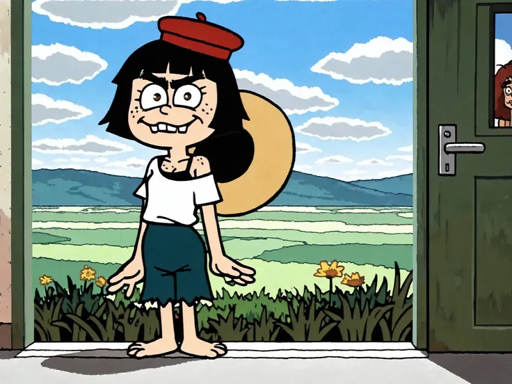 masterpiece, newest,absurdres, incredibly absurdres, (surreal:1.5), 1girl (freckles), ((natural Fluorescent unibrow, unibrow)), huge two gaped-bucktooth face), outdoors, solo, hat, sailor girl, white dress, black hair, scenery, short hair, flower, sky, day...