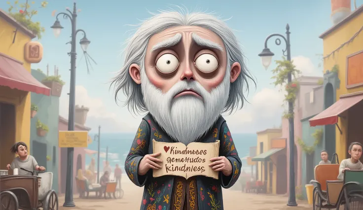 qualidade superior, obra-prima, detalhado, Prophet Kindness in a chibi cartoon version, super deformed proportions with a large head and small body, huge, shiny eyes, stylized white beard in the shape of a heart, shoulder-length white hair, rectangular ban...