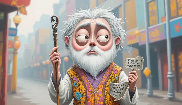 qualidade superior, obra-prima, detalhado, Prophet Kindness in a chibi cartoon version, super deformed proportions with a large head and small body, huge, shiny eyes, soft features,  stylized white beard in the shape of a heart, shoulder-length white hair,...