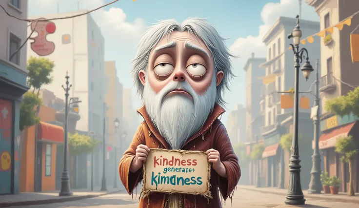 qualidade superior, obra-prima, detalhado, Prophet Kindness in a chibi cartoon version, super deformed proportions with a large head and small body, huge, shiny eyes, soft features,  stylized white beard in the shape of a heart, shoulder-length white hair,...