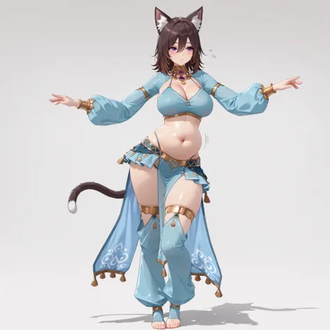 (1girl, solo, cat girl, dark brown hair, medium hair, hair between eyes, purple eyes, cleavage, midriff, navel, sagging belly, wide hips, thick hips, harem outfit, long sleeves, simple top, thong, short skirt, long pelvic curtain, high thigh socks, toeless...