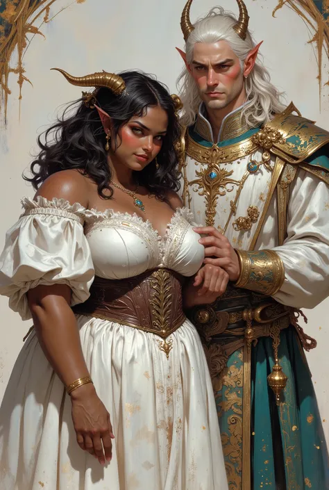 1 fat big large overweight heavy feminine beautiful young human woman with dark brown tan tanned skin color without horns and 1 pretty and a lot taller adult young man with pale white skin long white hair and gold dragon horns on top of his head and gold e...