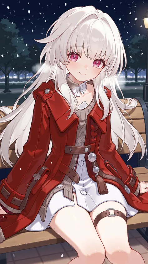 clara \( honkai: star rail\), masterpiece, high quality,red coat, white dress, detachable collar, Jersey, thigh strap, flowing white hair, shy smile, at night, Park, Snowing, sitting on a bench