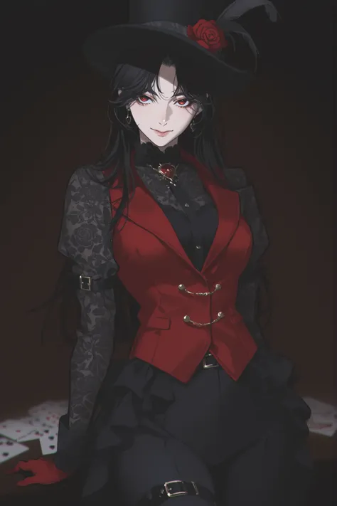 best quality, masterpiece, 1girl, black_hair, long_hair, red roses, tophat, hat, magician, red pattern, hearts, flowers, feathers, playing cards, cards, straight_hair, neutral expression, mature face, dark fantasy, belts, leg belt, arm belt, pattern unde...