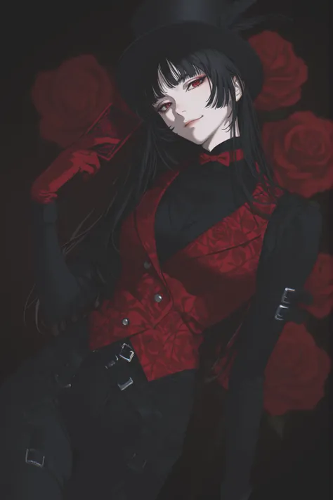 best quality, masterpiece, 1girl, black_hair, long_hair, red roses, tophat, hat, magician, red pattern, hearts, flowers, feathers, dynamic angle, playing cards, cards, straight_hair, neutral expression, mature face, dark fantasy, belts, leg belt, arm belt...