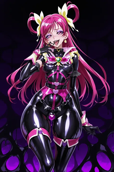 Cure Dream. Pink hair. Villain eyeshadow. Purple eyeshadow. Sarcastic smile. Open mouth. Out tongue. Black lips. Glossy. Black latex costume. Latex bodysuit. Pink leather harness. Collar with heart crystal. Spike accessories. Dripping chastity belt. Metal ...