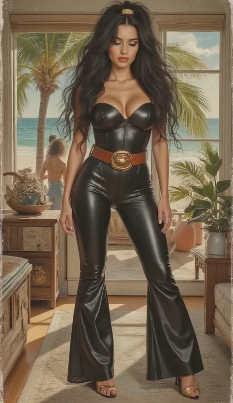  Vintage Polaroid-style full-body portrait of a sexy , provocative girl secret in 1970s pin-up style . Tall , athletic build , long blonde straight bbrown hair with a bang a hair tie aholokan , close eyes , high arched eyebrows , large breasts , slim waist...