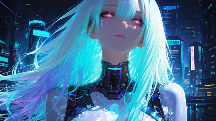 a stunning cyberpunk woman, upper body portrait, standing in front of an endless futuristic city horizon at night, neon blue and purple lights stretching into the distance, reflective metallic surfaces and holographic structures, long flowing hair with sub...