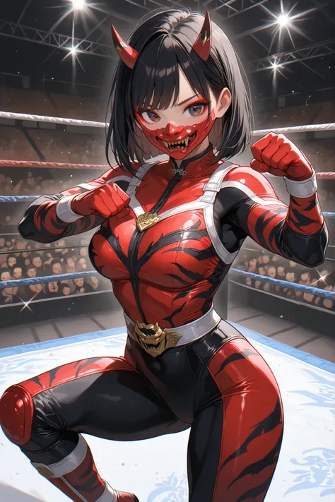 Beautiful Asian Woman, athletic body, medium black hair, makeup and, light tan skin, red and white super sentai suit, black tiger_stripes , oni mask over her lower face , wrestling ring, arena, ninja pose, 
