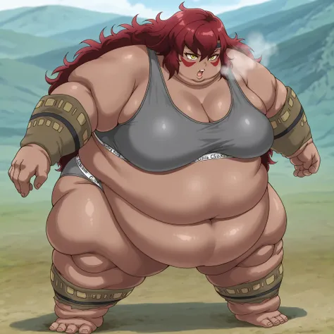  Sus0r4, 1girl, dark skin, tribal, red hair, very long hair, messy hair, hair between eyes, yellow eyes, red facepaint, black headband, grey sports bra,spors bra,grey sports panties,sports panties,calvin klein, fat, chubby, obese, fat neck, multiple chins,...