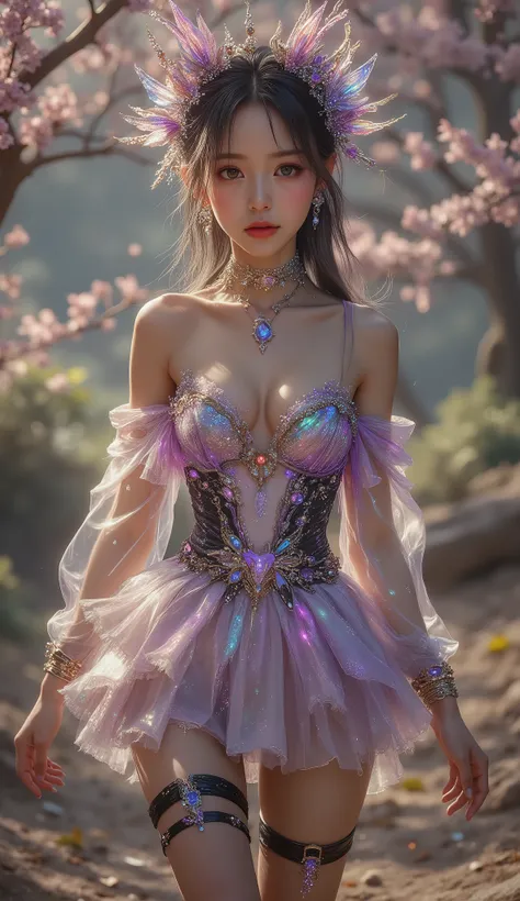 Taken from below, 4K, hyper-detail, hyper-texture of clothing, a 17-year-old young Asian girl with a cute face with a sweet appearance and white skin, a tall body, a slim and small belly, a wide waist, a shiny body, a shiny costume, long and sexy muscular ...