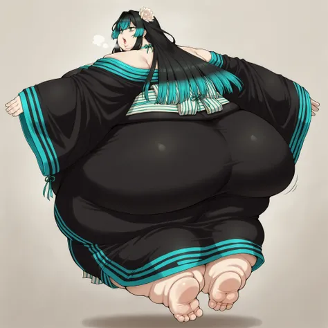 long hair, hair intakes, multicolored hair, black hair, aqua hair, green eyes, hair flower, bags under eyes, off shoulder, black kimono, aqua trim, ribbon choker, aqua choker, sash, sleeves past wrists, fat, chubby, obese, fat neck, multiple chins, big bre...