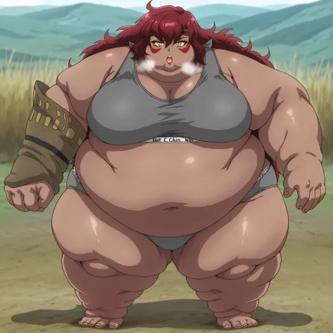  Sus0r4, 1girl, dark skin, tribal, red hair, very long hair, messy hair, hair between eyes, yellow eyes, red facepaint, black headband, grey sports bra,spors bra,grey sports panties,sports panties,calvin klein, fat, chubby, obese, fat neck, multiple chins,...