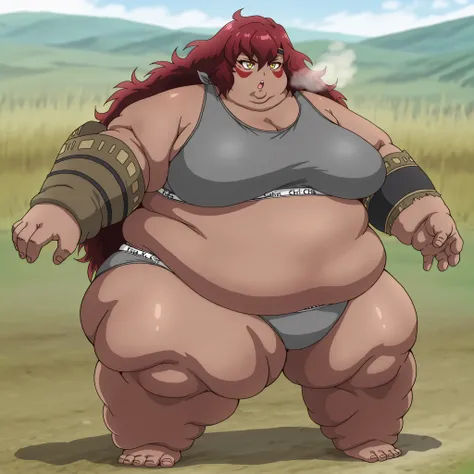  Sus0r4, 1girl, dark skin, tribal, red hair, very long hair, messy hair, hair between eyes, yellow eyes, red facepaint, black headband, grey sports bra,spors bra,grey sports panties,sports panties,calvin klein, fat, chubby, obese, fat neck, multiple chins,...