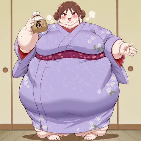 yuzuki tachibana, 1girl, solo, looking at viewer, blush, smile, brown hair, red eyes, holding, upper body, japanese clothes, kimono, hair bun, floral print, single hair bun, print kimono, purple kimono, fat, chubby, obese, fat neck, multiple chins, big bre...