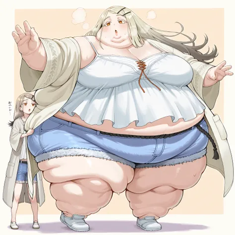 hiro-default,shinosawa hiro,slender,orange eyes,,white eyelashes,blonde hair,brown hair,long hair,hairclip,white camisole,denim shorts,coat,wide sleeves,belt,white footwear, fat, chubby, obese, fat neck, multiple chins, big breasts open mouth, out of breat...