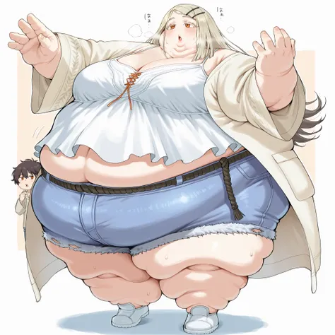 hiro-default,shinosawa hiro,slender,orange eyes,,white eyelashes,blonde hair,brown hair,long hair,hairclip,white camisole,denim shorts,coat,wide sleeves,belt,white footwear, fat, chubby, obese, fat neck, multiple chins, big breasts open mouth, out of breat...