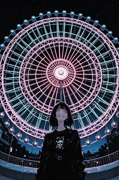 The scene is set in a dark amusement park at night., It's a place where colorful neon black lights shine brightly.,One girl gets down、 It's shot from a low angle, as if looking up from the ground.,fisheye lens, The distorted vision distorts the sense of r...