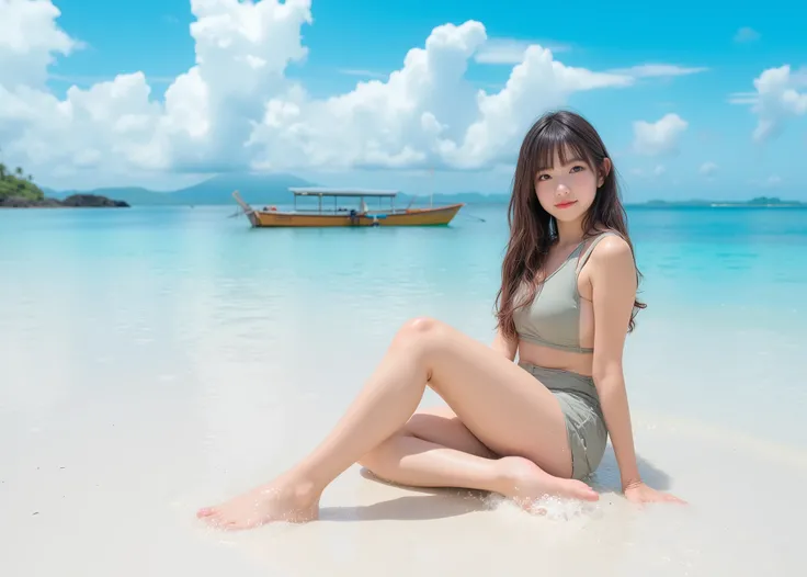 high resolution image、shot with 70mm lens、Japanese Girls、16 years old、cute girl、In a bikini、Gym sitting on a sandy beach、this way、Take a picture of her from the vantage point of a vast white sand beach、She has an angle of view of 70%occupy、The mysterious c...
