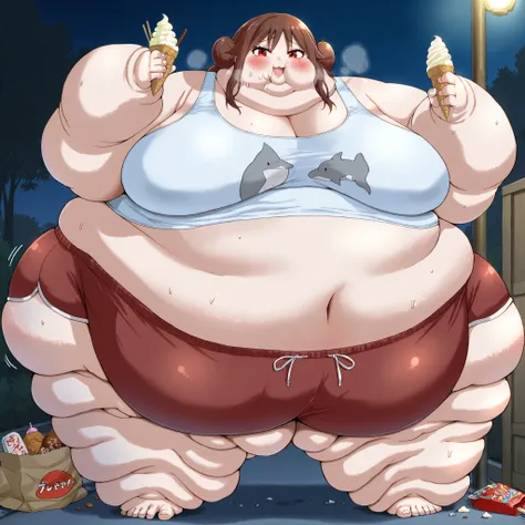 yuzuki tachibana, 1girl, solo, looking at viewer, blush, smile, brown hair, red eyes, hair bun,large breasts, tank top, midriff, dolphin shorts, outside, night, dropped ice cream, dropped bags of food and snacks, one hand touching face, one hand touching b...