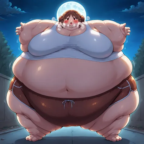 yuzuki tachibana, 1girl, solo, looking at viewer, blush, brown hair, red eyes, hair bun,large breasts, tank top, midriff, dolphin shorts,, outside, night, full moon, transforming, becoming a blob of fat, spherical inflation, inward arms, inward legs, stret...