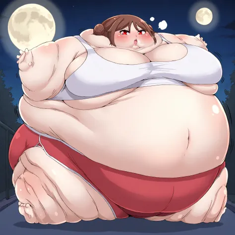 yuzuki tachibana, 1girl, solo, looking at viewer, blush, brown hair, red eyes, hair bun,large breasts, tank top, midriff, dolphin shorts,, outside, night, full moon, transforming, becoming a blob of fat, spherical inflation, inward arms, inward legs, spher...