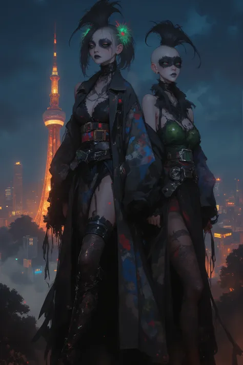 The two towering gothic figures on the left and right, wearing an unusual kimono costume、, Standing dramatically with Tokyo Tower illuminated at dusk in the background,a gothic punk woman,Whitewash,black eyeshadow and lipstick, prominent mohawk hairstyle,T...
