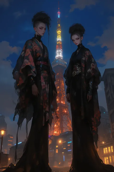 The two towering gothic figures on the left and right, wearing an unusual kimono costume、, Standing dramatically with Tokyo Tower illuminated at dusk in the background,a gothic punk woman,Whitewash,black eyeshadow and lipstick, prominent mohawk hairstyle,T...