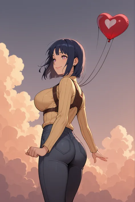 Hinata Hyuuga, medium hair, dark blue hair, square, Large breasts, skinny body, earrings, pink lips , lavender eyes, | masterpiece, best quality, highres, absurdres, best quality, 1girl, . parachutesky, sky, (clouds:1.1), smile, suspended, harness, see-thr...
