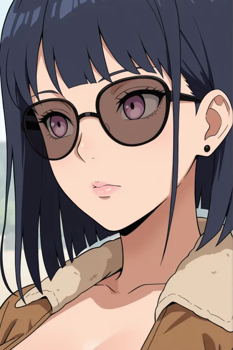 Hinata Hyuuga, medium hair, dark blue hair, square, Large breasts, skinny body, earrings, pink lips , lavender eyes, | best quality, amazing quality, masterpiece, anime, 1girl, portrait, close-up, stylish glasses, sunglasses, bomber jacket