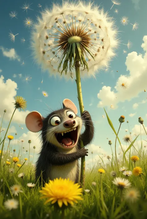 close-up dynamic shot, a panicked cartoon mole with large googly eyes, desperately holding onto the stem of a giant dandelion clock, the fluffy seeds beginning to detach and float away, leaving him with a rapidly shrinking parachute, comedic chaos, lush gr...