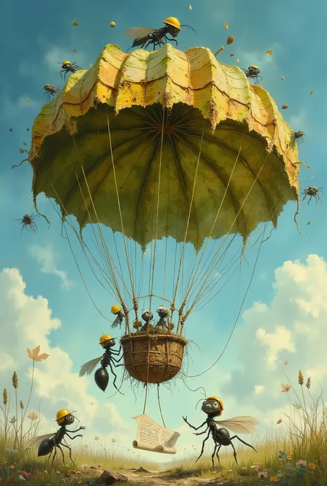 wide dynamic shot, a team of three ants in tiny construction helmets, desperately trying to steer a giant, spiraling maple leaf parachute, one ant dropping a seed, another reading a scroll of birch bark instructions, comedic chaos, clear blue sky, detailed...