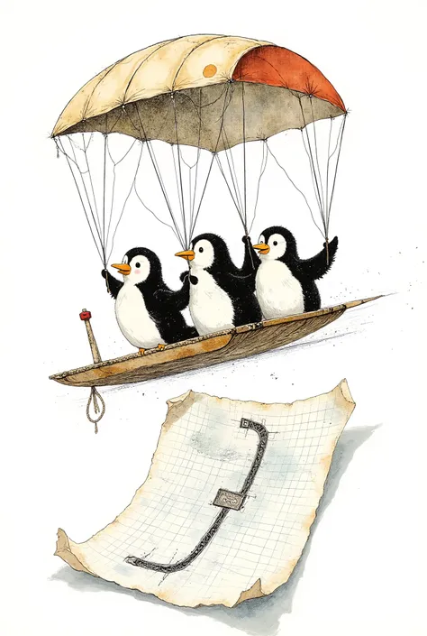 action shot, three penguins from the Line Rider game sitting on a single paper sled, falling from a cliff, holding onto a giant piece of graph paper with a hand-drawn track on it as a parachute, paper-like texture, simple vector-based cartoon style, minima...