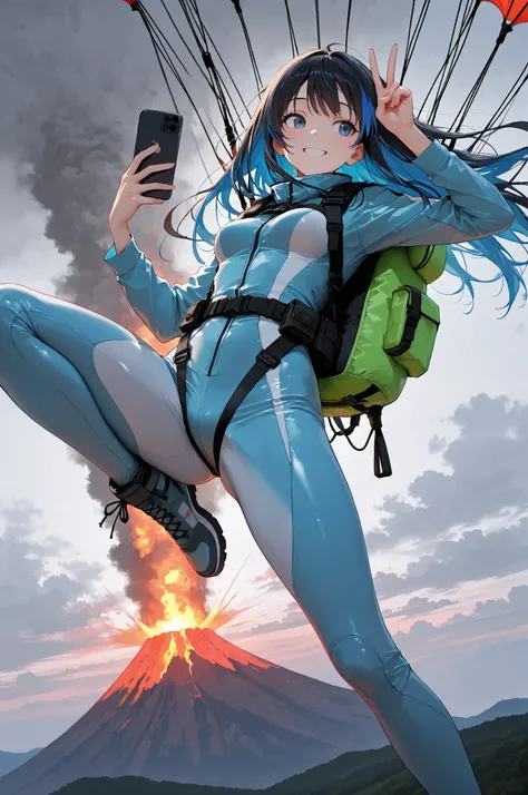 Colorful,(masterpiece, best quality), solo, 1girl, from below , midair, falling, ((parachute attached to back, show entire parachute )), smile, taking selfie, holding phone, peace_sign, black hair, blue eyes, long hair, small breasts,skydiving outfit, blue...