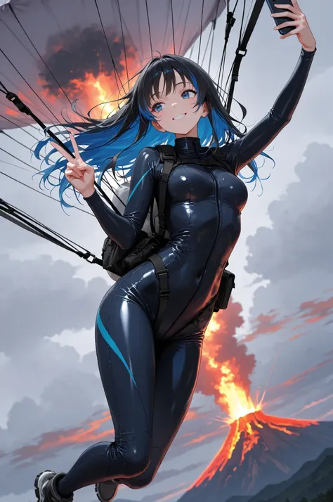 Colorful,(masterpiece, best quality), solo, 1girl, from below , midair, falling, ((parachute attached to back, show entire parachute )), smile, taking selfie, holding phone, peace_sign, black hair, blue eyes, long hair, small breasts,skydiving outfit, blue...