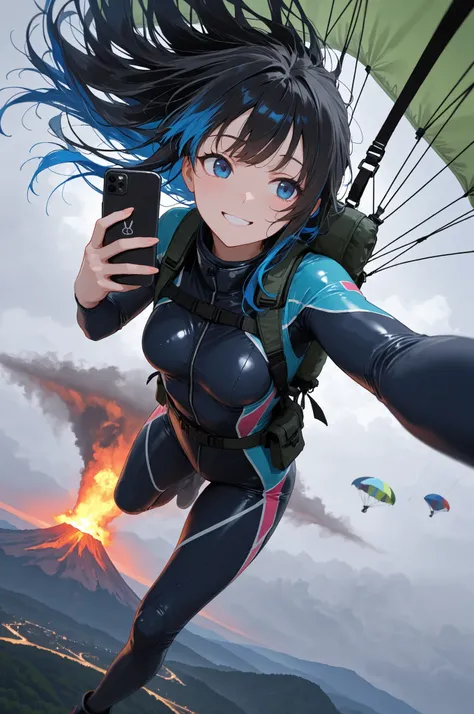 Colorful,(masterpiece, best quality), solo, 1girl, from below , midair, falling, ((parachute attached to back, show entire parachute )), smile, taking selfie, holding phone, peace_sign, black hair, blue eyes, long hair, small breasts,skydiving outfit, blue...