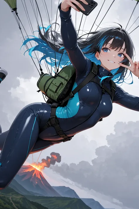 Colorful,(masterpiece, best quality), solo, 1girl, from below , midair, falling, ((parachute attached to back, show entire parachute )), smile, taking selfie, holding phone, peace_sign, black hair, blue eyes, long hair, small breasts,skydiving outfit, blue...