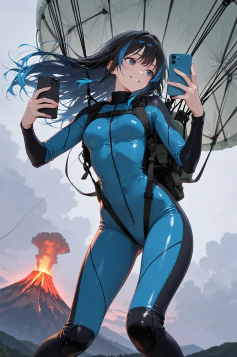 Colorful,(masterpiece, best quality), solo, 1girl, from below , midair, falling, ((parachute attached to back, show entire parachute )), smile, taking selfie, holding phone, peace_sign, black hair, blue eyes, long hair, small breasts,skydiving outfit, blue...