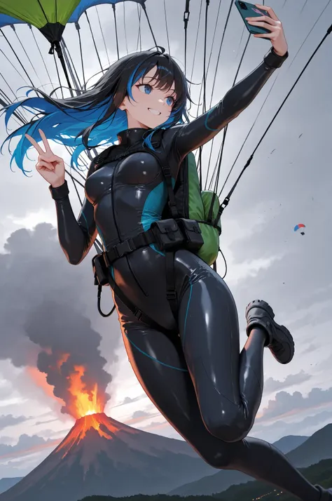 Colorful,(masterpiece, best quality), solo, 1girl, from below , midair, falling, ((parachute attached to back, show entire parachute )), smile, taking selfie, holding phone, peace_sign, black hair, blue eyes, long hair, small breasts,skydiving outfit, blue...