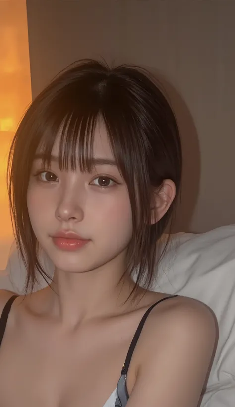 ((sports bra)), Japanese woman staring at me with a gentle expression in bed。Night Indoors、The lighting is soft indirect lighting、orange street lamp inserted through a gap in the curtains。 Lying on white sheets、with a natural smile。Light Makeup、natural。the...