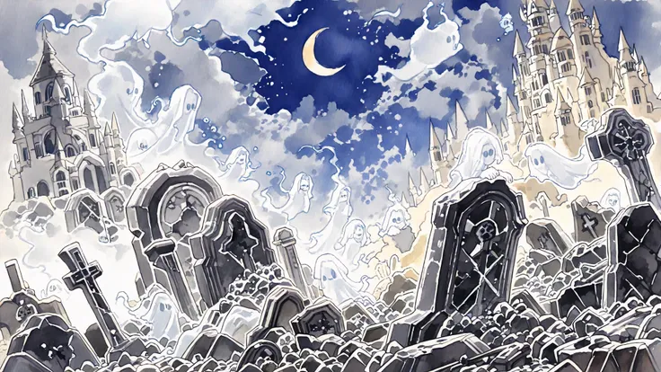 (((Watercolor-style))),(((Watercolor))),((no-outline)),((no- borders)),Blurred,Crescent Moon,Ghost Castle,fantasy landscape, soft lighting, high detail, cinematic composition, melancholic elegance,cliff,
misty,fog drifting through ruins, collapsed castle i...