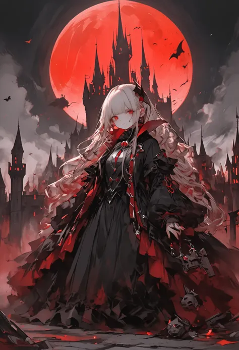 a timid elite vampire 、Ancestor Dracula、has the ability to destroy the world、but use abilities carefully、bright red moon、 Cinderella Castle 、Abilities Destroyed Castle、Broken Tower、
He has top class abilities but is timid