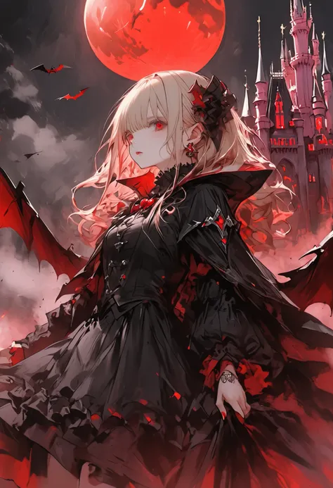 a timid elite vampire 、Ancestor Dracula、has the ability to destroy the world、but use abilities carefully、bright red moon、 Cinderella Castle 、Abilities Destroyed Castle、Broken Tower、
He has top class abilities but is timid