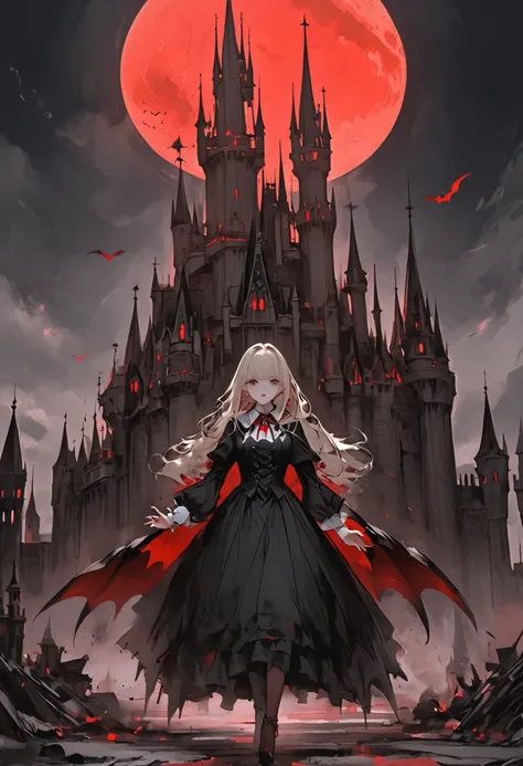 a timid elite vampire 、Ancestor Dracula、has the ability to destroy the world、but use abilities carefully、bright red moon、 Cinderella Castle 、Abilities Destroyed Castle、Broken Tower、
He has top class abilities but is timid