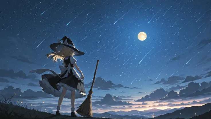 (masterpiece, best quality, ultra-detailed, 8k uhd, cinematic lighting, glowing stars, volumetric clouds, god rays, vivid night sky, shooting stars, dynamic perspective, strong contrast, fantasy lighting, ultra crisp detail),
Marisa Kirisame flying through...