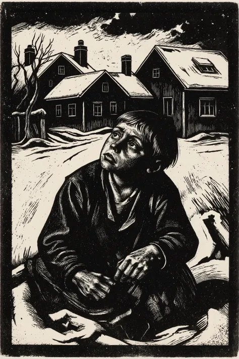 In a bleak snowy village,A ragged boy gazes into the distance; his eyes hold both sternness and sorrow,Käthe Kollwitz style,stark edgy line, high-contrast woodcut depiction,The overall color scheme is limited to stark black and white, amplifying the graphi...