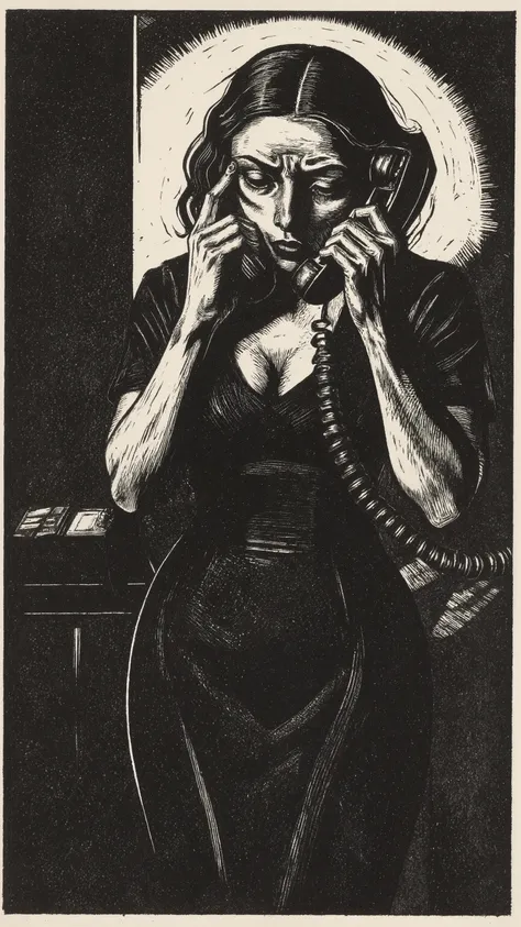 abstracted silhouetted woman figure,solo,hourglass body figure,She's wearing a tight dress.Speaking into the receiver of a black telephone, she touches her face with her left hand, overcome with sorrow.,Käthe Kollwitz style,stark edgy line, high-contrast w...