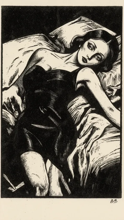abstracted silhouetted beautiful girl figure,solo,hourglass body figure,50's stylish girl,She's wearing a tight dress.striking a seductive, sexy pose,lying bed,dynamic angle,Käthe Kollwitz style,stark edgy line, high-contrast woodcut depiction,The overall...